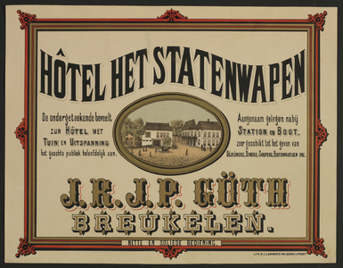 206147 Reclameplaat van het hotel Het Statewapen te Breukelen met het bijbehorende Logement en Uitspanning .N.B. In het ...
